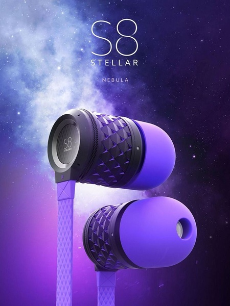 A high-contrast, minimalist hero shot of purple S8 Stellar Nebula earbuds floating against a vibrant, galactic cosmic background.