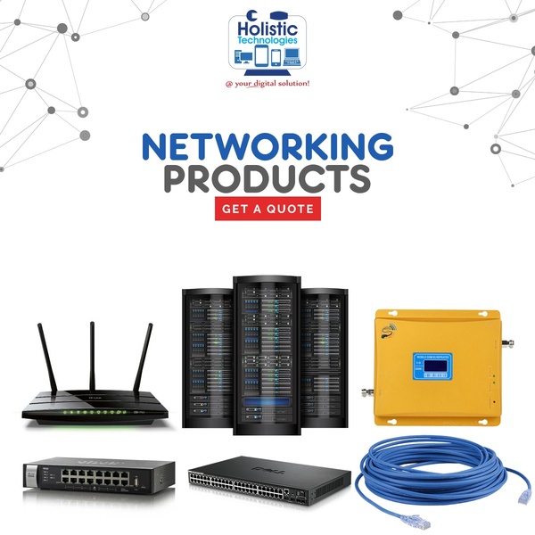 This creative uses a clean, grid-based layout to showcase a variety of networking hardware, including routers, servers, and cables, encouraging users to get a quote.