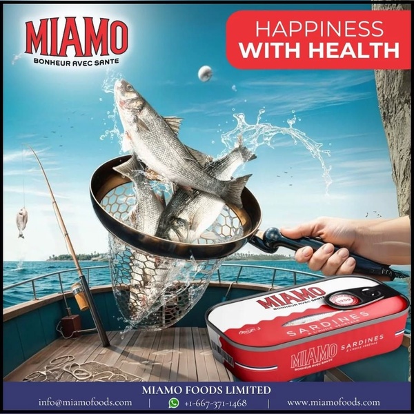 A creative ad featuring a net catching fresh fish directly from the water alongside a product tin, emphasizing quality and health.