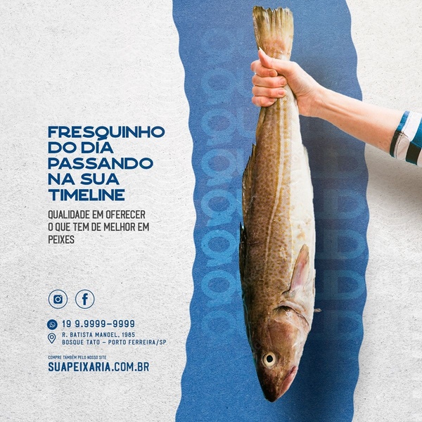 A clean, minimalist 1:1 ad featuring a fresh fish held against a textured background, highlighting product quality and local contact information.
