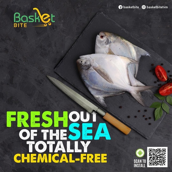 A clean, minimalist 1:1 square graphic featuring raw fish on a slate board with a chef's knife, emphasizing freshness and safety through bold typography.