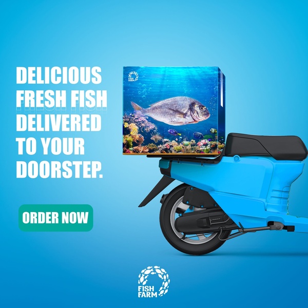 A high-contrast ad featuring a scooter loaded with a box of fresh fish, emphasizing the convenience of direct doorstep delivery.