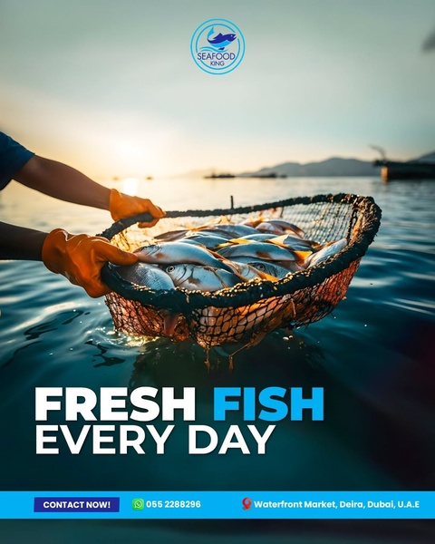 This 4:5 ratio ad features a fisherman holding a net of fresh fish at sunrise, emphasizing daily freshness and direct local availability.