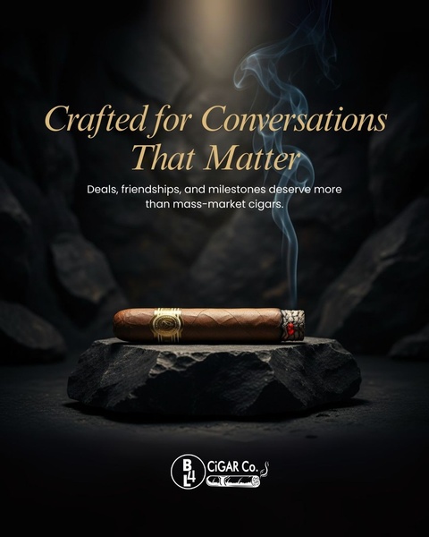 A high-end, studio-lit cigar ad focused on quality and lifestyle, positioning the product as an essential element of significant milestones.