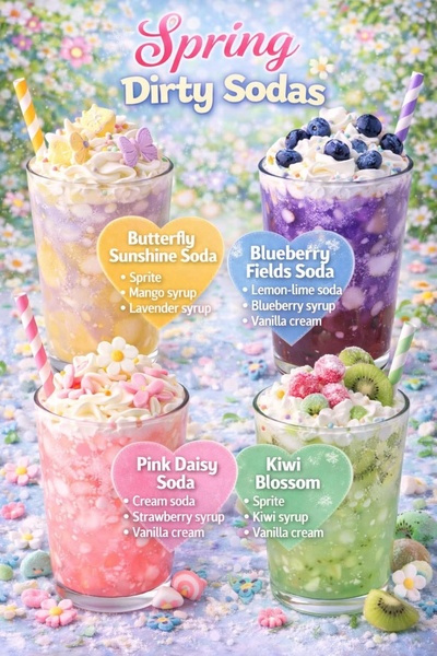 A high-resolution display showcasing four distinct specialty soda variations, each paired with a breakdown of its core ingredients on a floral background.