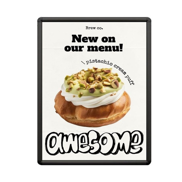 A clean, minimalist 1:1 square ad showcasing a new menu item with bold typography and high-contrast photography to highlight product appetite appeal.