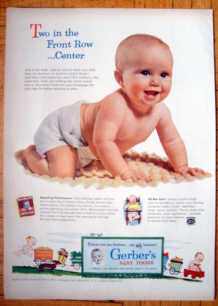 A classic print-style advertisement featuring an infant crawling, emphasizing product texture and nutritional value for developmental milestones.