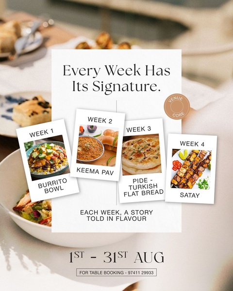 A 4_5 ratio ad creative showcasing a weekly rotation of signature dishes, from burrito bowls to satay, to build ongoing customer anticipation.