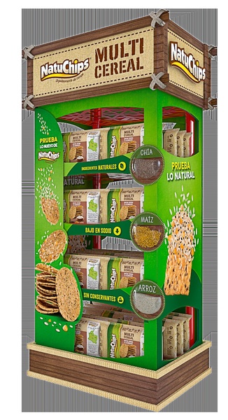 A 9:16 vertical store display showing the multi-cereal chip product with clear callouts for natural ingredients like chia, maize, and rice.