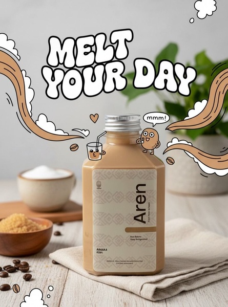 A product-focused ad creative featuring a bottle of iced coffee surrounded by hand-drawn, playful character doodles that create a warm, approachable brand personality.