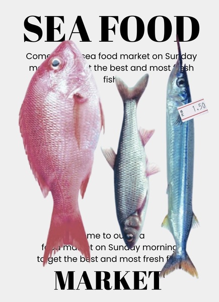 A high-contrast advertisement for a fresh fish market featuring three distinct fish isolated against a clean white background with bold typography.