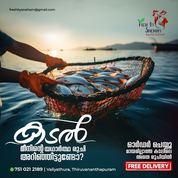 A high-impact ad featuring a fisherman holding a net of fresh fish at sunrise, emphasizing local origin and freshness.