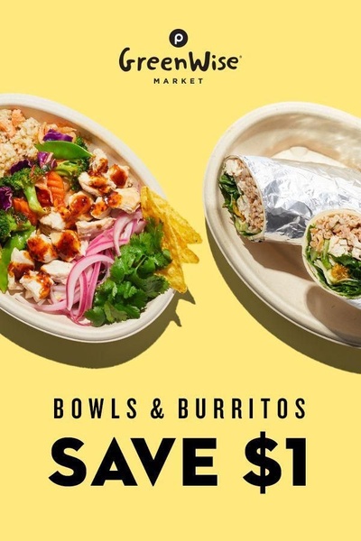 A clean, top-down food advertisement featuring a fresh bowl and wrapped burrito on a solid yellow background with a clear discount incentive.