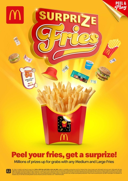 This creative showcases a fast-food offer using a 'peel-and-play' reveal mechanic that visually associates fries with high-value prizes.