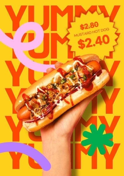 A high-energy, yellow-background creative featuring a hand-held hot dog with a bold, retro-style price point advertisement.