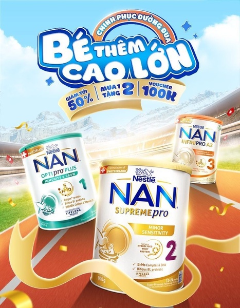 This ad creative uses a high-energy, competitive sports stadium background to frame an infant formula promotional offer, emphasizing child development.