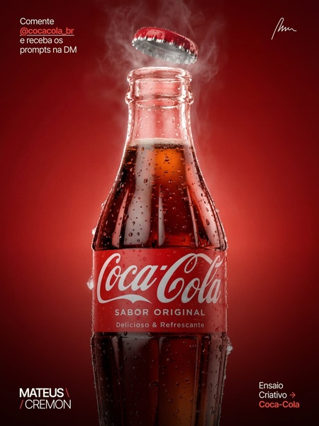 A high-fidelity close-up of a glass bottle of Coca-Cola with condensation and steam, featuring an iconic, minimalist red background.