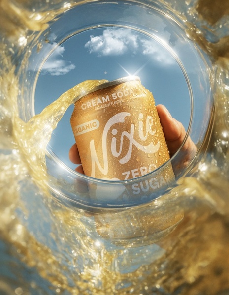 A high-fidelity product hero shot of a cream soda can being splashed with liquid, captured through a POV perspective that suggests a refreshing, immersive experience.
