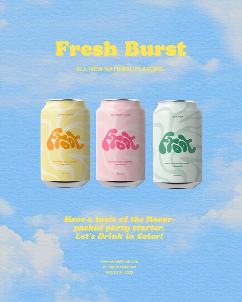 This Fruit Soda ad creative features three product cans centered against a sky-blue backdrop with clean, high-contrast typography.