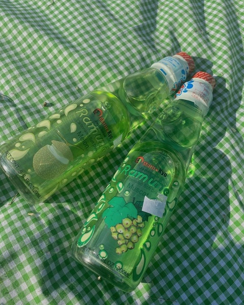 A high-angle, top-down shot of two Ramune soda bottles placed on a green gingham tablecloth, evoking a picnic mood.