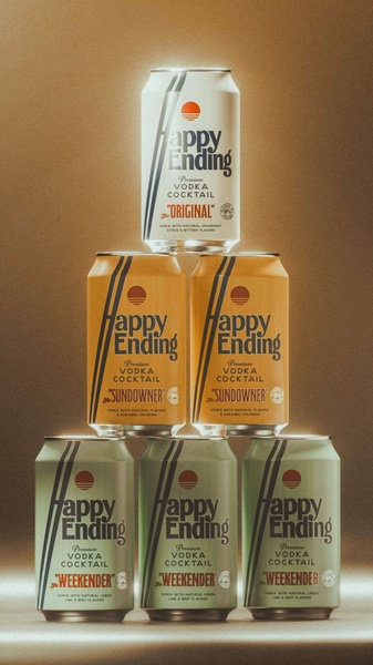 A symmetrical pyramid stack of various Happy Ending vodka cocktail cans arranged against a warm, gradient background.