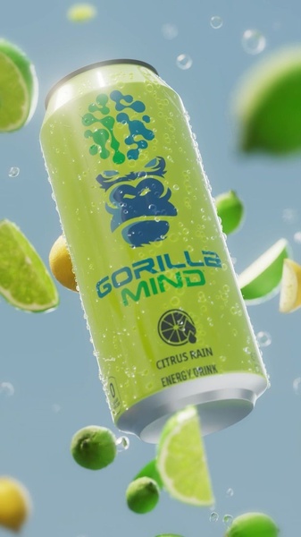 A high-resolution 9:16 vertical creative featuring an energy drink can surrounded by floating citrus fruit slices and water droplets, emphasizing a refreshing, clean aesthetic.