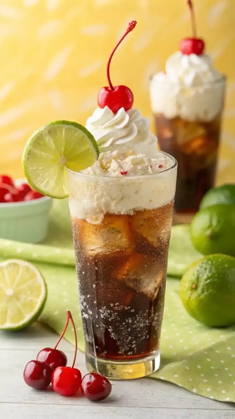 A high-quality, vertically-oriented shot of a cherry limeade beverage topped with whipped cream and a cherry, set against a bright yellow background.