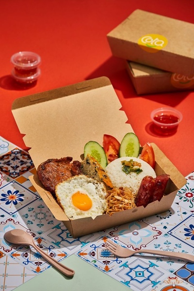 A high-angle studio shot of a balanced meal in eco-friendly packaging, set against a bold, solid red background to maximize appetite appeal.