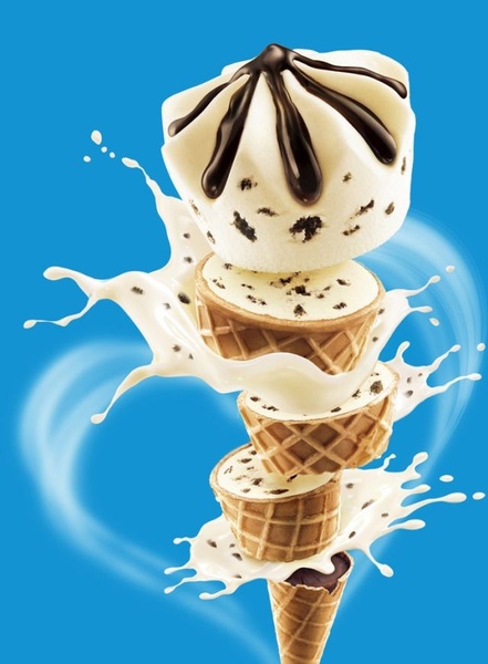 A high-impact, deconstructed product shot of an ice cream sandwich featuring a milk splash against a solid blue background.