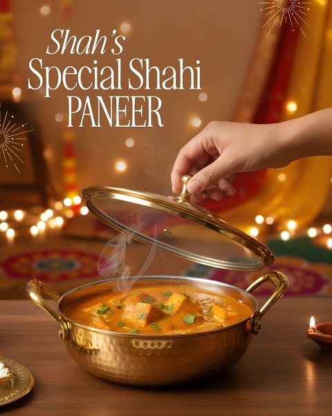 A warm, high-quality photograph showing a hand lifting the lid from a traditional brass bowl of freshly prepared Shahi Paneer with rising steam.