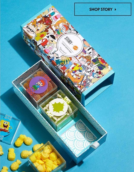 gummy candy, candy gift set, candy bento box, gourmet candy, assorted candy, new arrival, gift guide, minimalist, flat lay, playful, fresh, blue, yellow