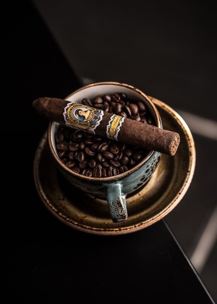 A high-contrast, professional product shot featuring a premium cigar resting on a cup full of roasted coffee beans, emphasizing texture and quality.