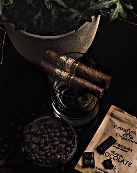 A high-contrast, moody top-down shot of two premium cigars placed over a glass, accompanied by coffee beans and organic chocolate.