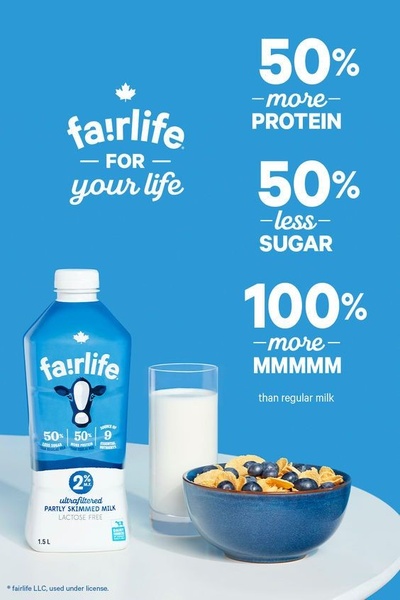 A clean, minimalist 2:3 ratio ad showcasing the nutritional benefits of ultrafiltered milk through bold typography and product photography.