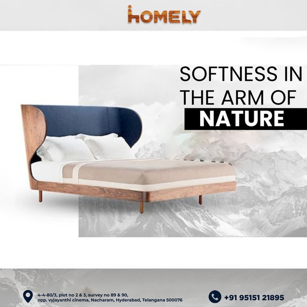 A high-end furniture ad featuring a minimalist bed design overlaid on a serene mountain landscape to evoke comfort and premium quality.