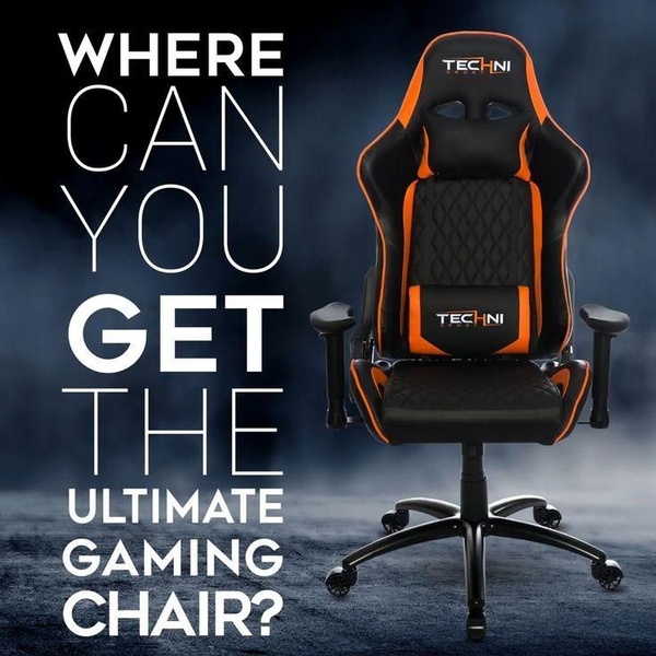 A high-contrast 1:1 image featuring a bold question hook over a moody, professional product shot of an orange and black gaming chair.