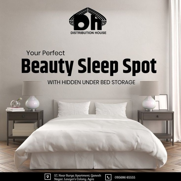 This 1:1 square ad creative showcases a bedroom interior centered on a bed with hidden under-bed storage, using high-contrast typography for brand placement.