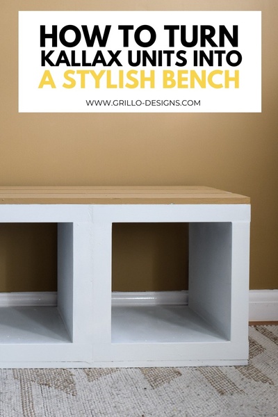 A clean, instructional-style ad showcasing a DIY transformation of a modular storage cube unit into a functional and stylish home bench.