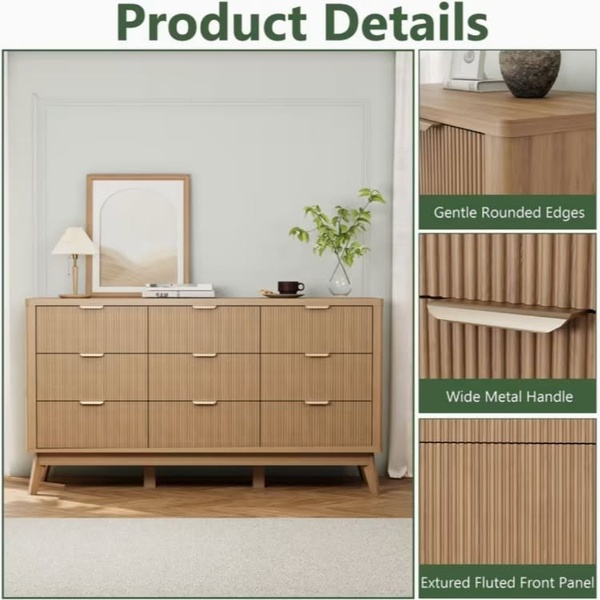 A clean, square-format ad creative showcasing a wooden dresser with a main room setting and three zoomed-in detail shots highlighting texture, hardware, and construction quality.