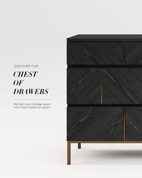 A high-end product showcase for a chest of drawers, utilizing clean negative space, bold serif typography, and a modern, monochromatic aesthetic to emphasize luxury.