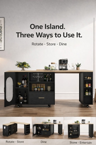 A high-clarity, multi-panel product ad demonstrating the versatility of a kitchen island through three distinct functional states: storage, dining, and surface usage.