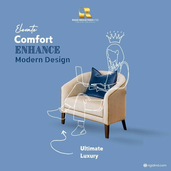 A minimalist ad creative featuring a modern armchair with a stylized line-art figure and crown overlay to signify comfort and premium quality.