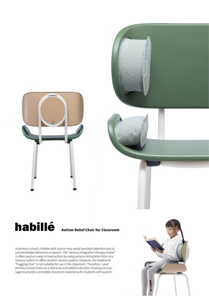 A multi-view product presentation showing the design details and functional features of a sensory-integrated classroom chair.
