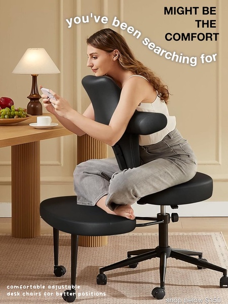 A lifestyle ad showcasing a versatile ergonomic chair that supports non-traditional sitting positions to highlight comfort and flexibility.