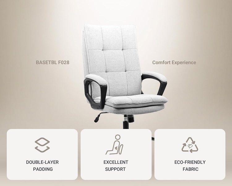 A minimalist, high-contrast office chair advertisement focusing on specific comfort benefits through clean iconography and centered product placement.