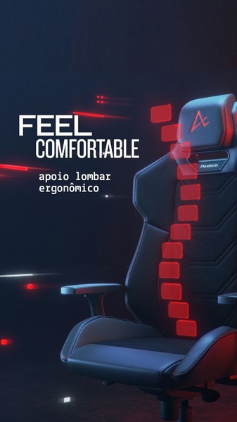 This creative showcases an ergonomic office chair with a neon red spine overlay to highlight lumbar support and comfort benefits.