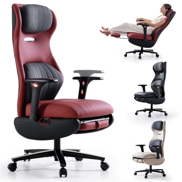 This ad displays an ergonomic office chair in multiple configurations, highlighting its reclining capability and adjustable features for maximum comfort.