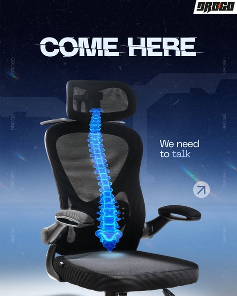 A dark-themed ad for an office chair featuring a glowing blue digital spine overlay to emphasize spinal support and comfort.