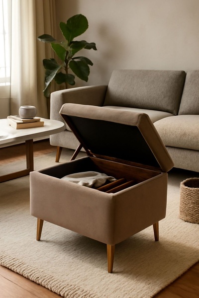 A high-quality lifestyle shot of a neutral-toned velvet storage ottoman with its lid partially open to reveal hidden internal space.