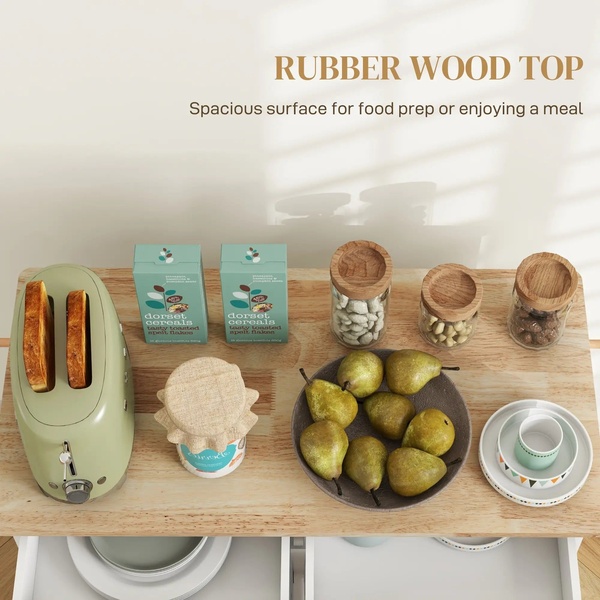 A top-down view showing a kitchen island surface loaded with breakfast items, emphasizing its spacious utility.